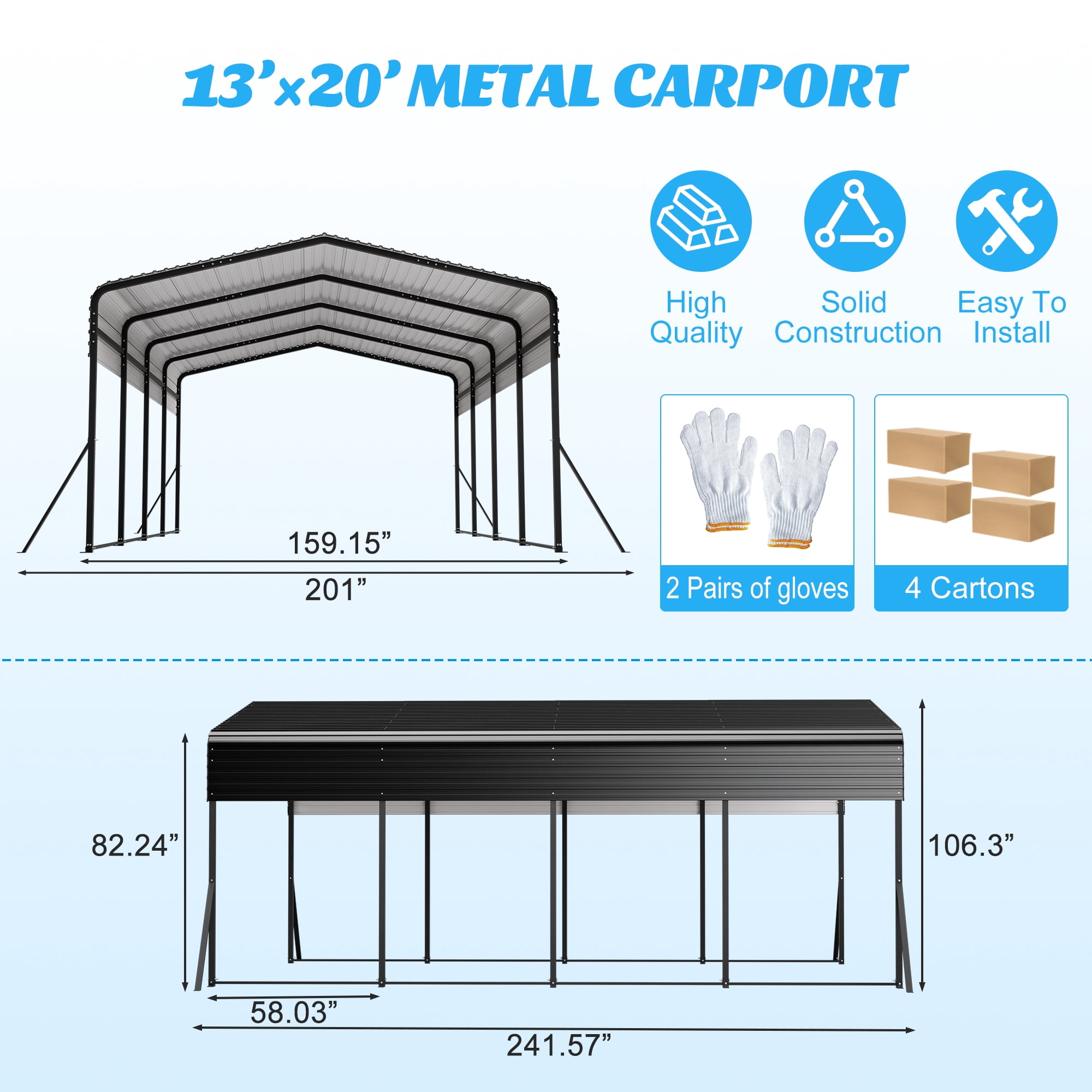 13x20 FT Heavy-Duty Metal Carport Garage with Triangle Reinforced Frame Galvanized Steel Roof All-Weather Shelter for Car Truck Boat Outdoor Storage Black