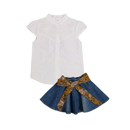 

2PCs Toddler Baby Kids Girls Summer Clothes Lace Stand Collar Short Sleeves Shirt Denim Short Skirt Sets 1-6 Years