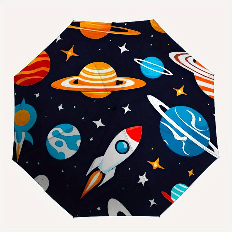 Space exploration umbrella with vivid cartoon planet and star design - compact automatic opening/closing, sturdy 8-rib steel frame, lightweight travel umbrella suitable for all seasons