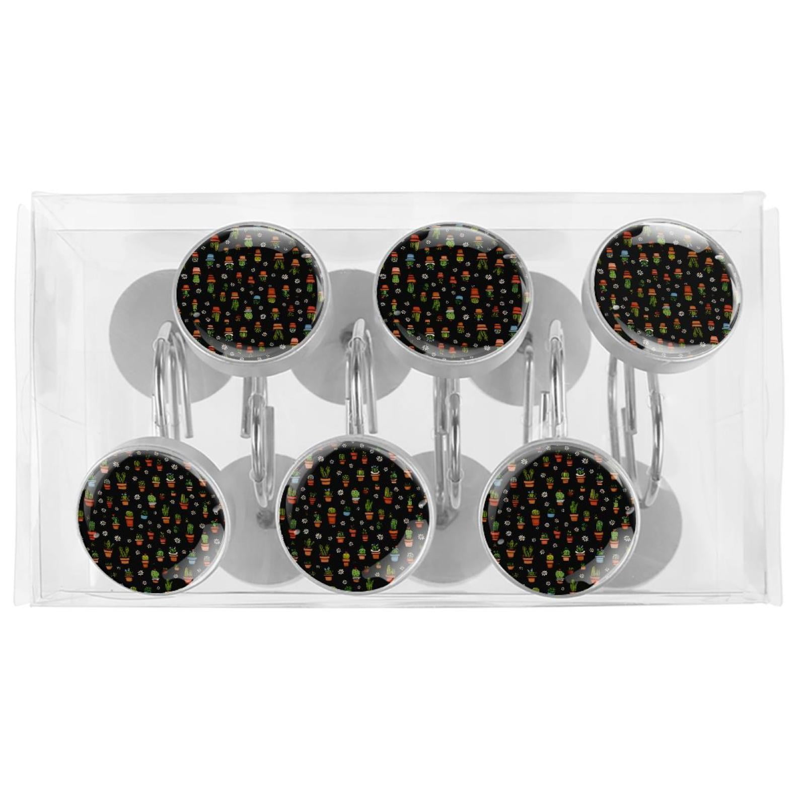 12pcs Decorative Shower Curtain Hooks, Rust Resistant Shower Rings for Bathroom Living Room,Rustproof Stainless Steel Rings for Shower Curtain and Liner Rods,Cactus and Daisy Black