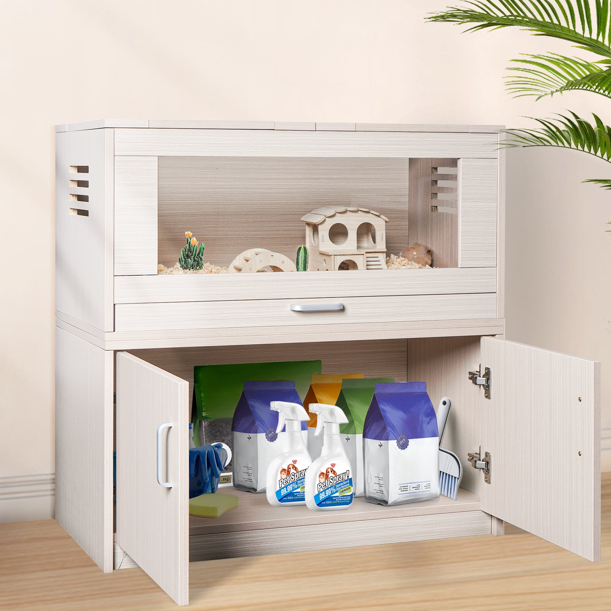 Witaxima Guinea Pig Cage with Storage Cabinet, 31.5" L x 15.75" W x 32.28" H Wooden Hamster Cage for Rat Chinchilla, Openable Top with Acrylic Sheets, Natural Wood