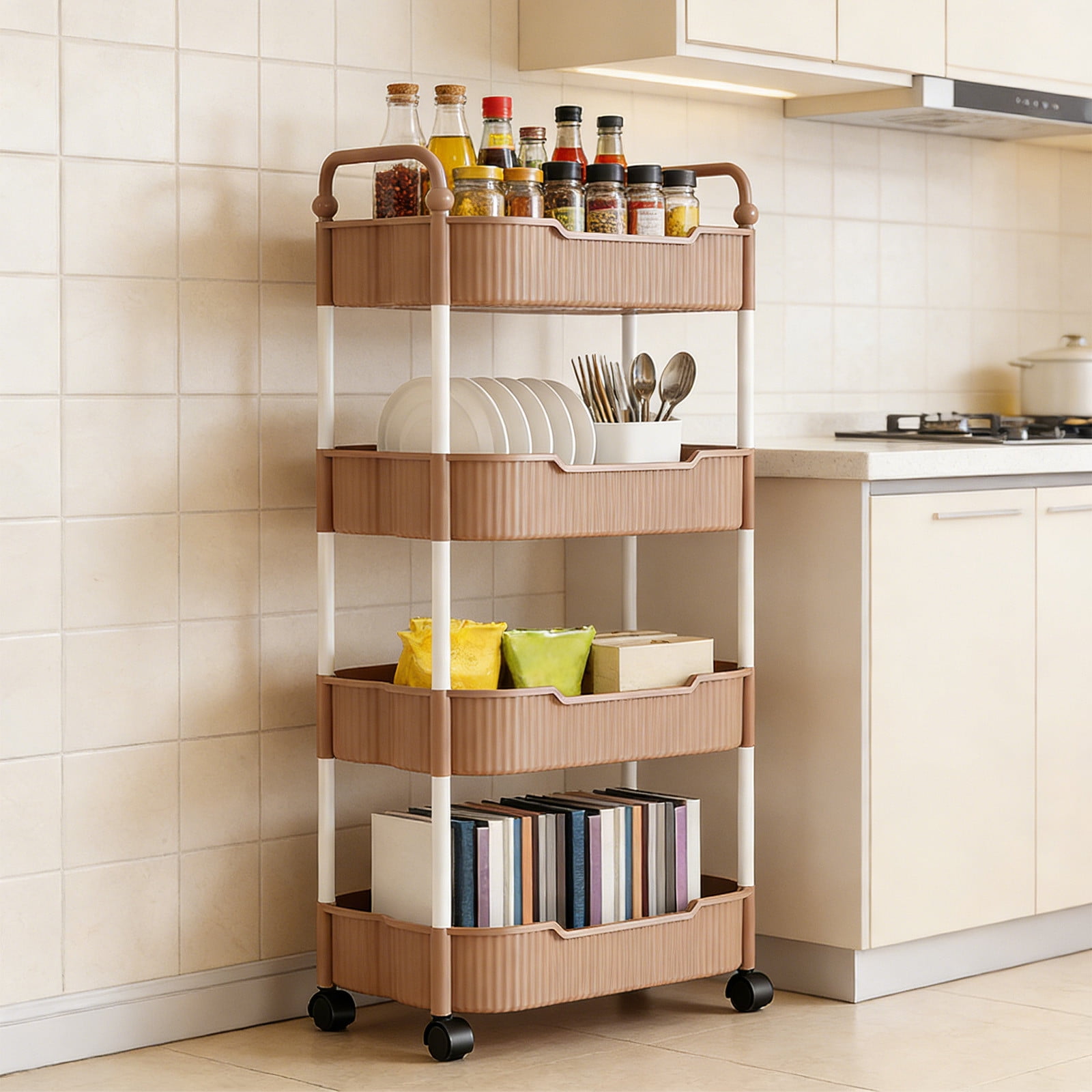 4-Tier Rolling Utility Cart, Multifunctional Storage Organizer with Plastic Shelf & Metal Wheel, Storage Cart for Kitchen, Bathroom, Living Room, Office