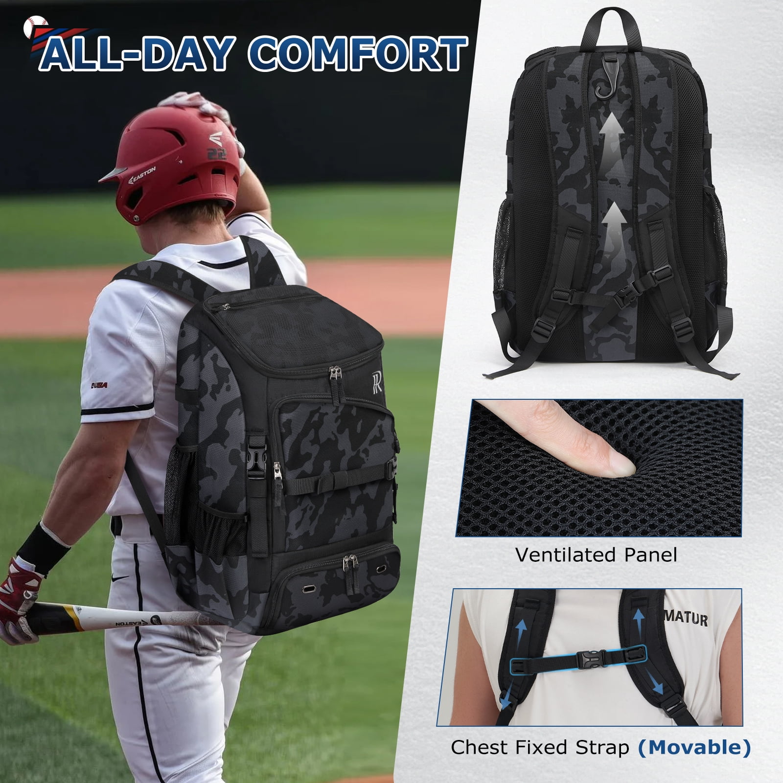 RAINSMORE Baseball Backpack 40L Large Softball Baseball Backapck with Helmet Holder, Shoe Compartment & Fence Hook, Durable Softball Gear Bag,Camouflage