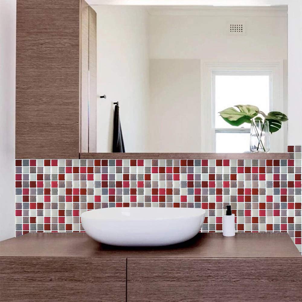 3d Mosaic Tile Sticker Removable Wallpaper Red  Self Adhesive Wall Tiles Bathroom For Kitchen Backsplash Pvc Square Decorative Vinyl Decals 4 Sheets