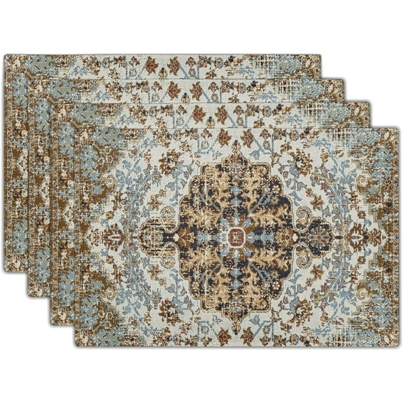 Grey Brown Ethnic Boho Placemats Set of 4 Bohemian Carpet Vintage Gray Linen Washable Kitchen Dining Table Mats Stain Heat-Resistant Desktop Decor Place Mats for Home Party Indoor 12x18 in