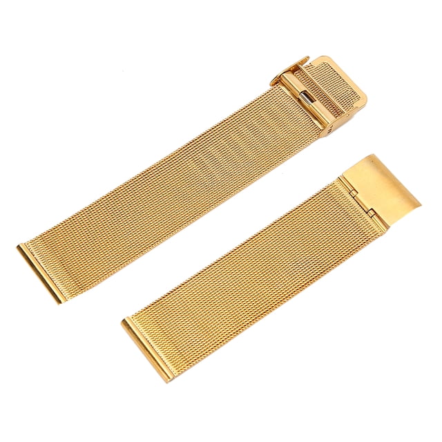 correa de reloj de moda de metal profesional, accesorio de repuesto de correa de reloj exquisita, dorado, 22mm vista centrada: par de piezas de correa tipo malla metálica dorada de 22 mm con cierre desplegable y hebilla ajustable visibles, textura pulida según la especificación y compatible como repuesto para relojes; también es adecuada para proyectos de reparación o personalización ligera.