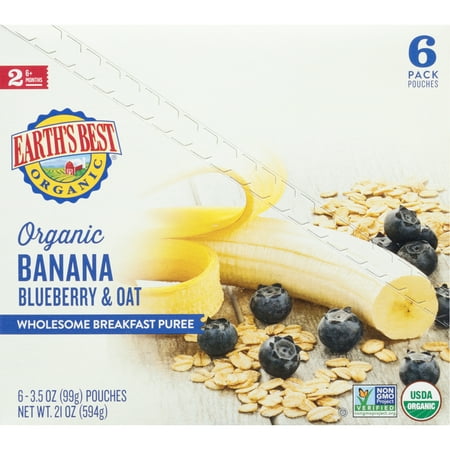 Earth's Best Wholesome Breakfast Organic Stage 2 Baby Food, Banana Blueberry & Oat, 3.5 oz Pouches (6 Pack)