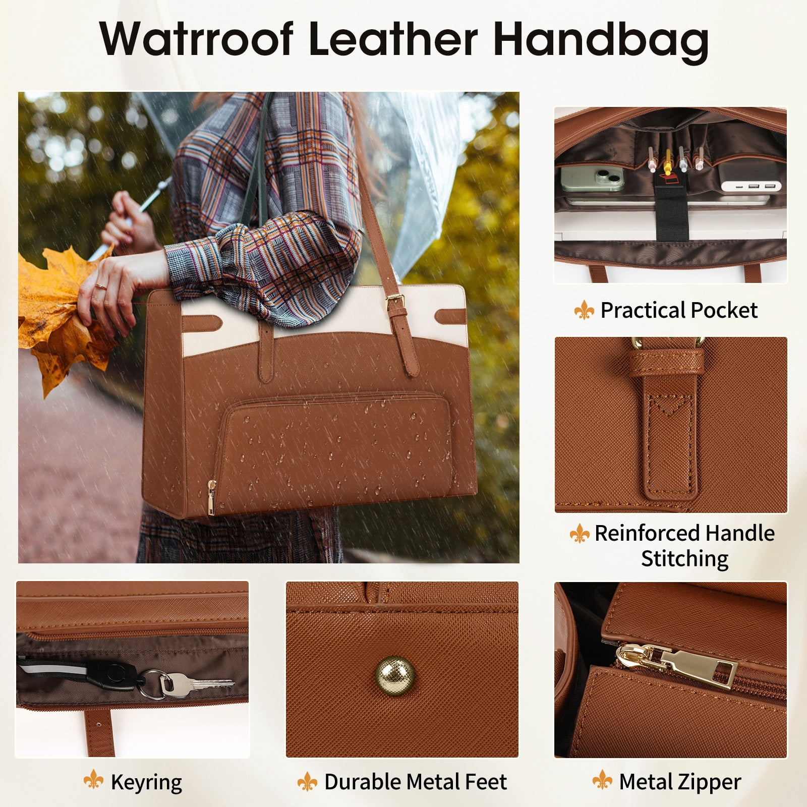 RAINSMORE 15.6 inch Lunch Tote Bag for Women Laptop Bags with Insulated Lunch Compartment Teacher Work Bag for Office Travel,BrownWhite
