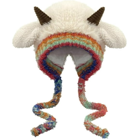 Winter Plush Faux Fur Knitted Animal Hat Cozy Cute Horns Sheep Ears Beanie Cap Warm Ear Flap Thick Lining Crochet Hats 2025