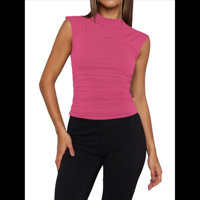 Camisetas Básicas Sin Mangas para Salir de Mujer, Cuello Alto, Ropa de , Camisetas Lindas Sin Mangas, Conjuntos de Verano Y2K. Rosa Roja L