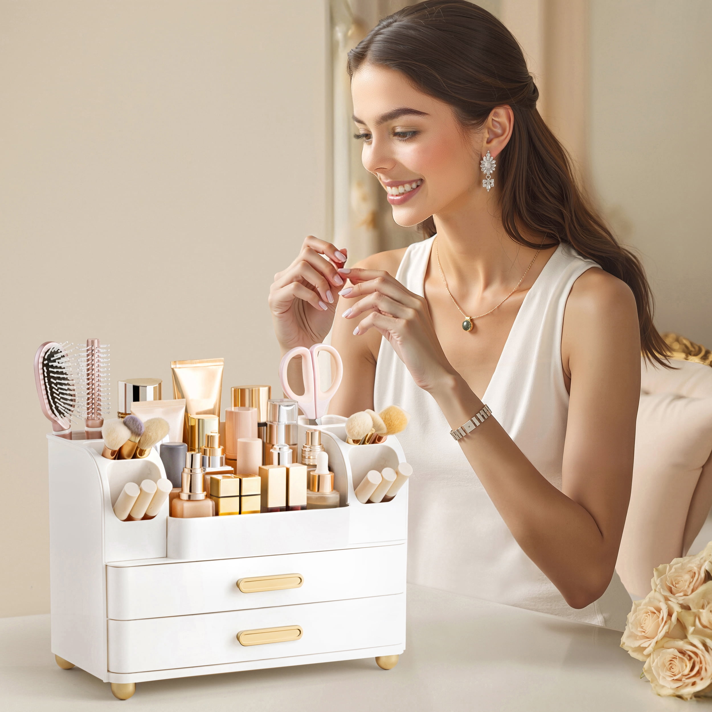 HBlife Makeup Organizer for Vanity with Brush Holder, Large Bathroom Countertop Cosmetic Organizer, All White