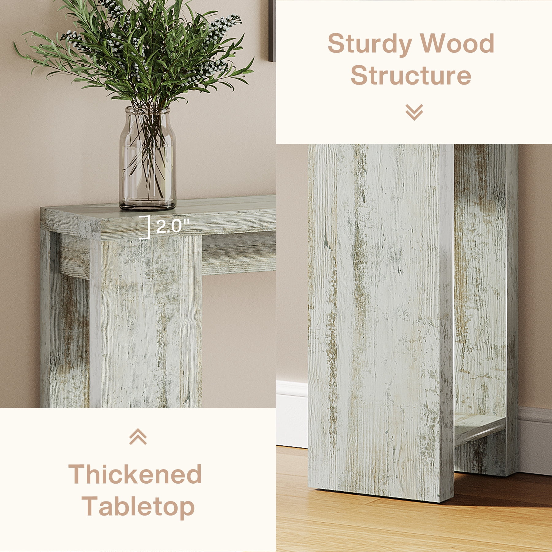 Finmind 71" Long Console Table, Narrow Distressed White Entryway Table Wood Sofa Table