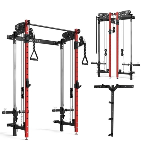 Mikolo Foldable Power Rack Cage,1000lbs Capacity Wall Mounted Squat Rack, Independent pulley system with Wall Mounted Storage Rack
