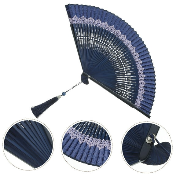 WRISTBIQUE 1Pack Dark Blue Silk Folding Fan Japanese Style Portable Cooling Stage Performance Handheld 40X22CM