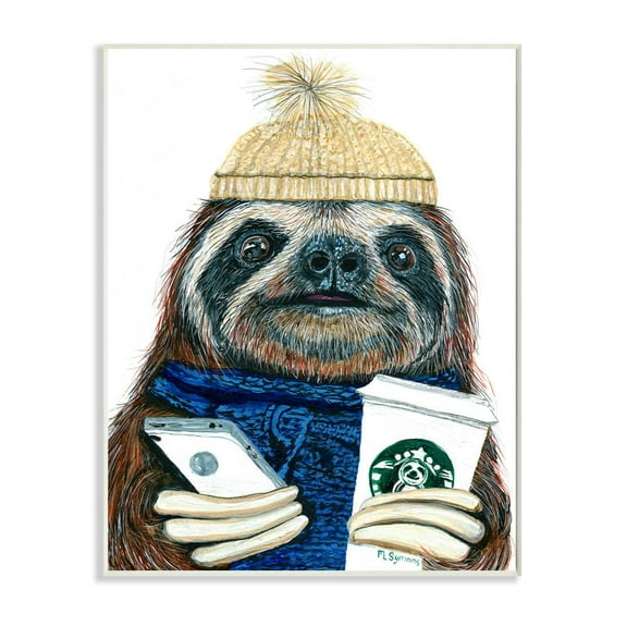 Stupell Industries Basic Sloth Coffee Culture Illustration Winter Clothing Graphic Art Unframed Art Print Wall Art, 10x15, by Melissa Symons