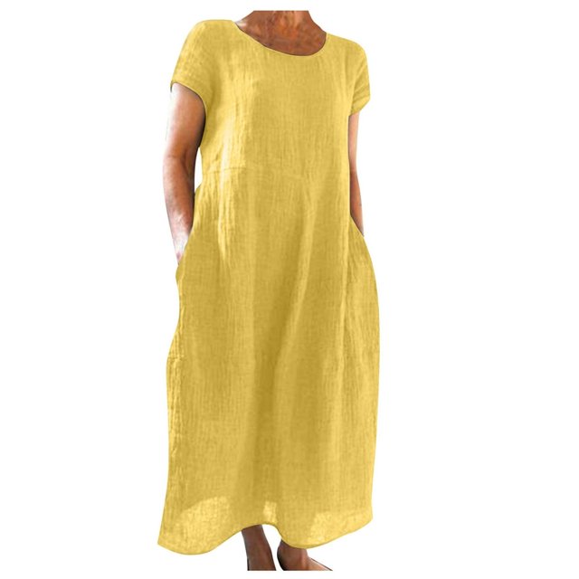 CHOK Robe Décontractée en Lin à Manches Courtes Col Rond pour Femmes Couleur Unie Coton Lin Robe d'Été 2024 avec Poches Gris TG