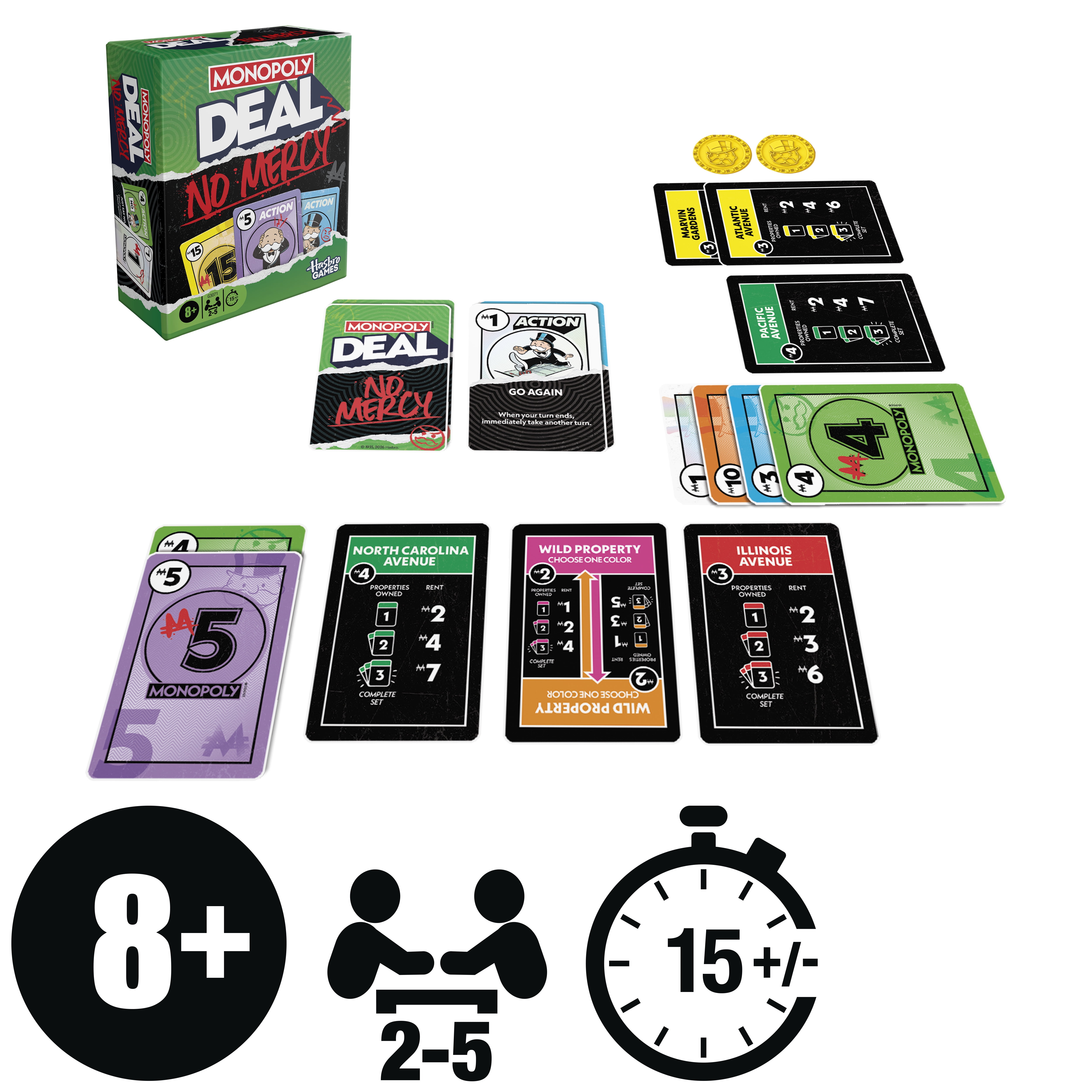 Monopoly Deal No Mercy Card Game, Birthday Gifts, Fun Family Games for Kids, Teens, and Adults, 8+