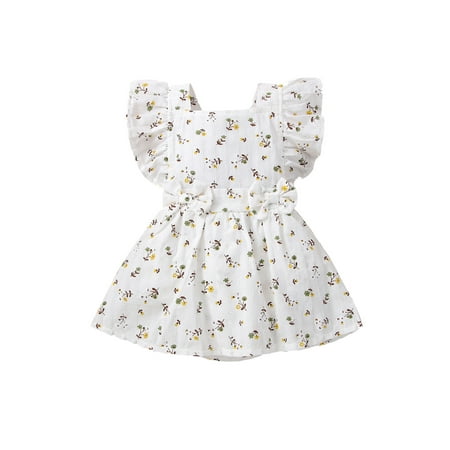

Infant Baby Girls Romper Fly Sleeve Square Neck Bowknot Flower Princess Dress for 0-24 Months