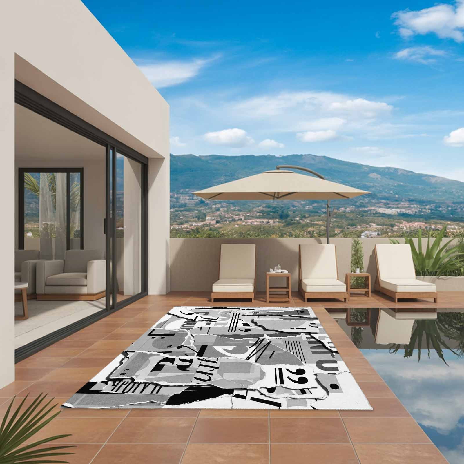 Torn Paper Outdoor Rug 5x8 Ft, Non Slip Washable Area Rug, Vintage Abstract Collage Newspaper Art Patio Rugs Carpet Runner, Large Floor Mat for Indoor/Outdoor Deck Porch Camping