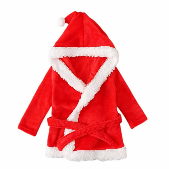 Odeerbi Christmas Outfit For Boys Girls Toddler Baby Hooded Nightgown Autumn Winter Dot Belt Christmas Style Plush Bathrobe Red