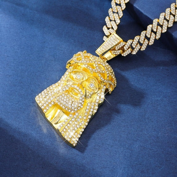 18k Layered Real gold Plated icedout chain with jesus face 3D pendant charm hip hop #46