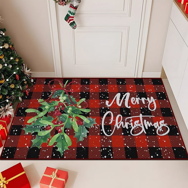 Felpudo navideño | Felpudo festivo de poliéster rojo | Alfombra antideslizante y lavable para cocina, dormitorio y baño | 60 x 40 cm