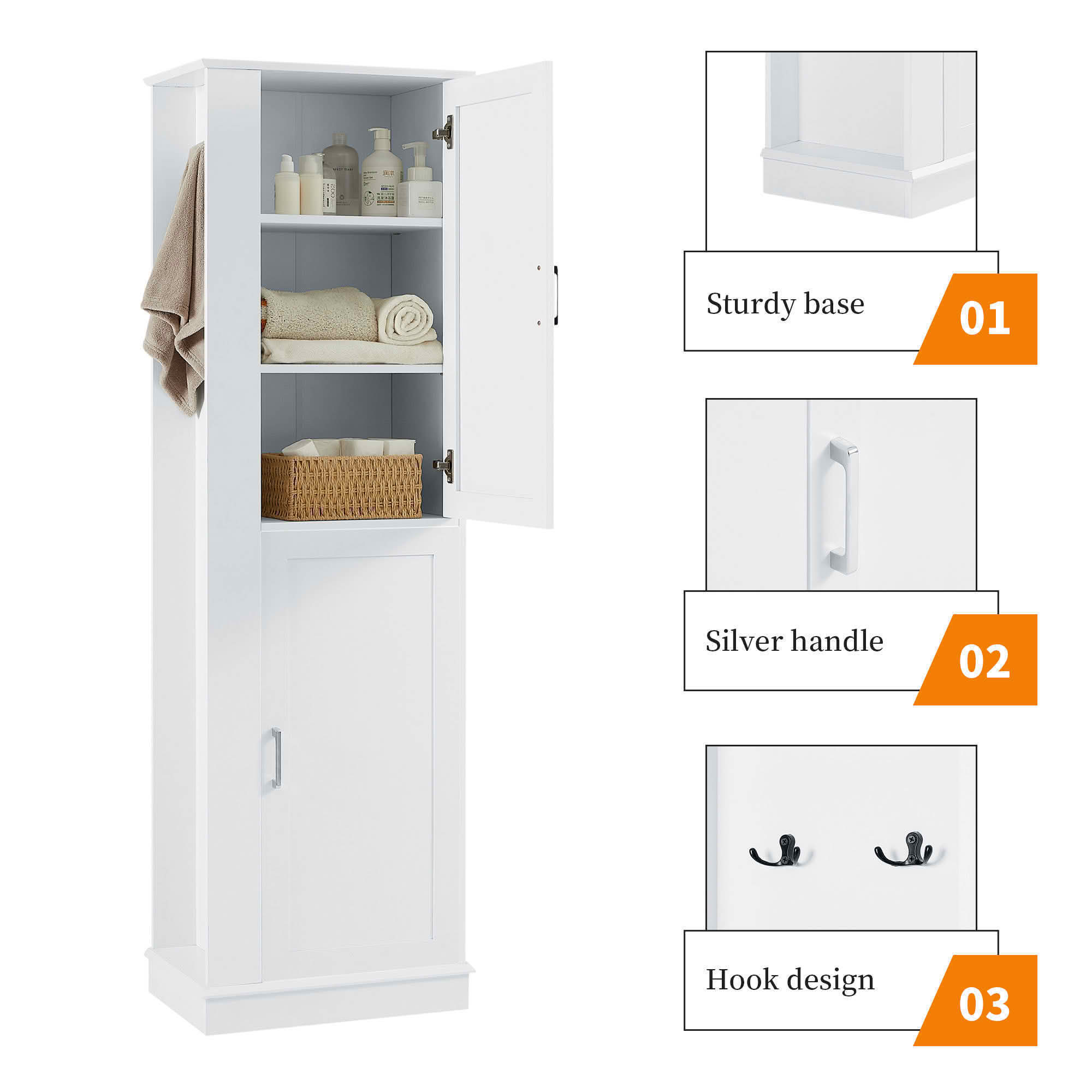 MAYEERTY Tall Bathroom Cabinet Freestanding Hook Adjustable Shelf MDF White