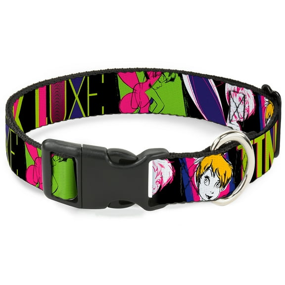 Disney Pet Collar, Dog Collar Plastic Buckle, Tinker Bell Luxe Sketch Black Multi Neon, 9.5 to 13 Inches 1.0 Inch Wide