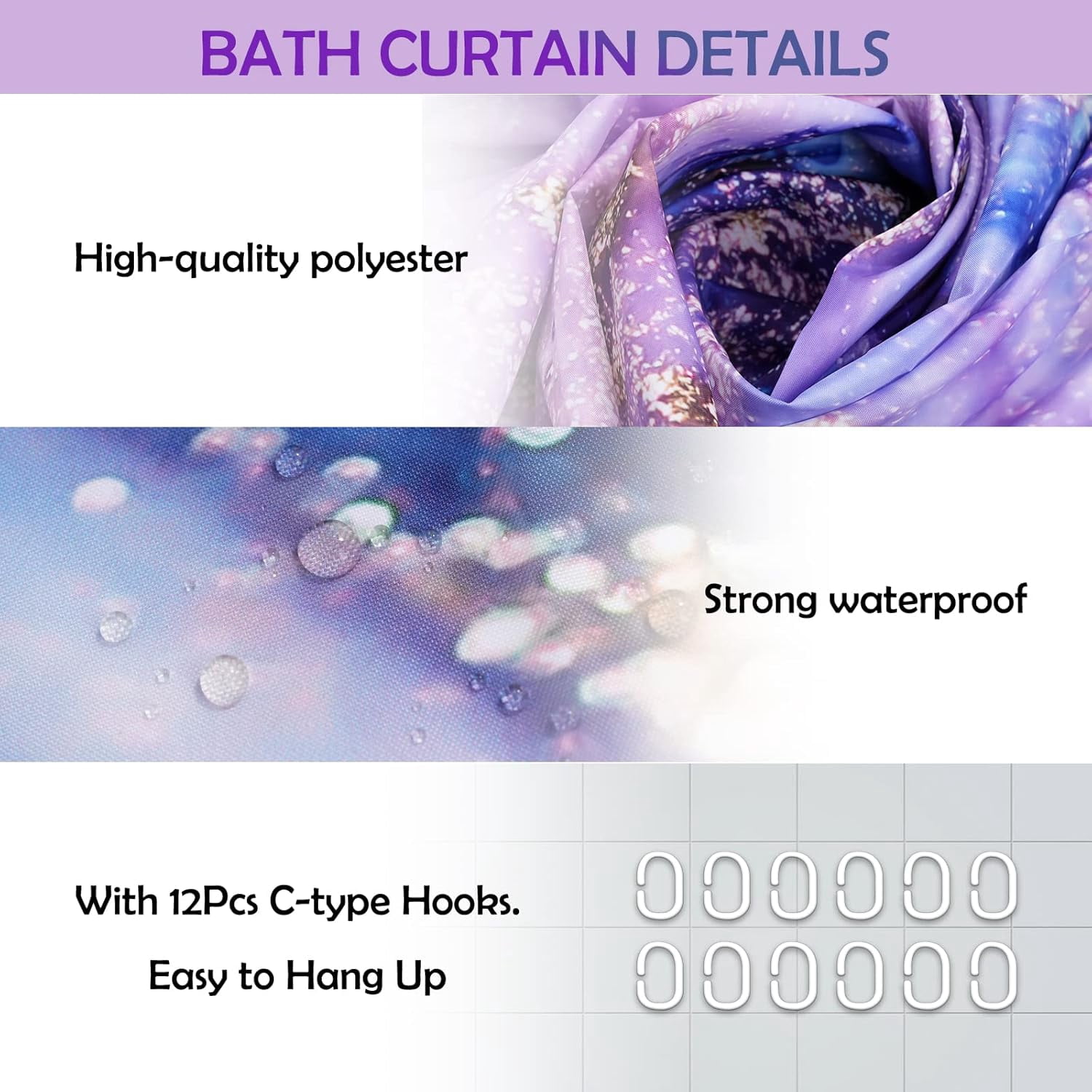 Bathroom Sets with Shower Curtain and Rugs, Toilet Lid Cover, and Non-Slip U Shape Mat, Waterproof Polyester Bathroom Shower Curtain Sets with 12 Hooks