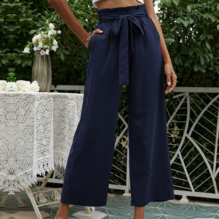 SELONE Palazzo Pants for Women Petite Formal High Waist High Rise Wide Leg  Trendy Casual with Belted Long Pant Solid Color High-waist Loose Pants for  Everyday Wear Running Work Casual Event Blue