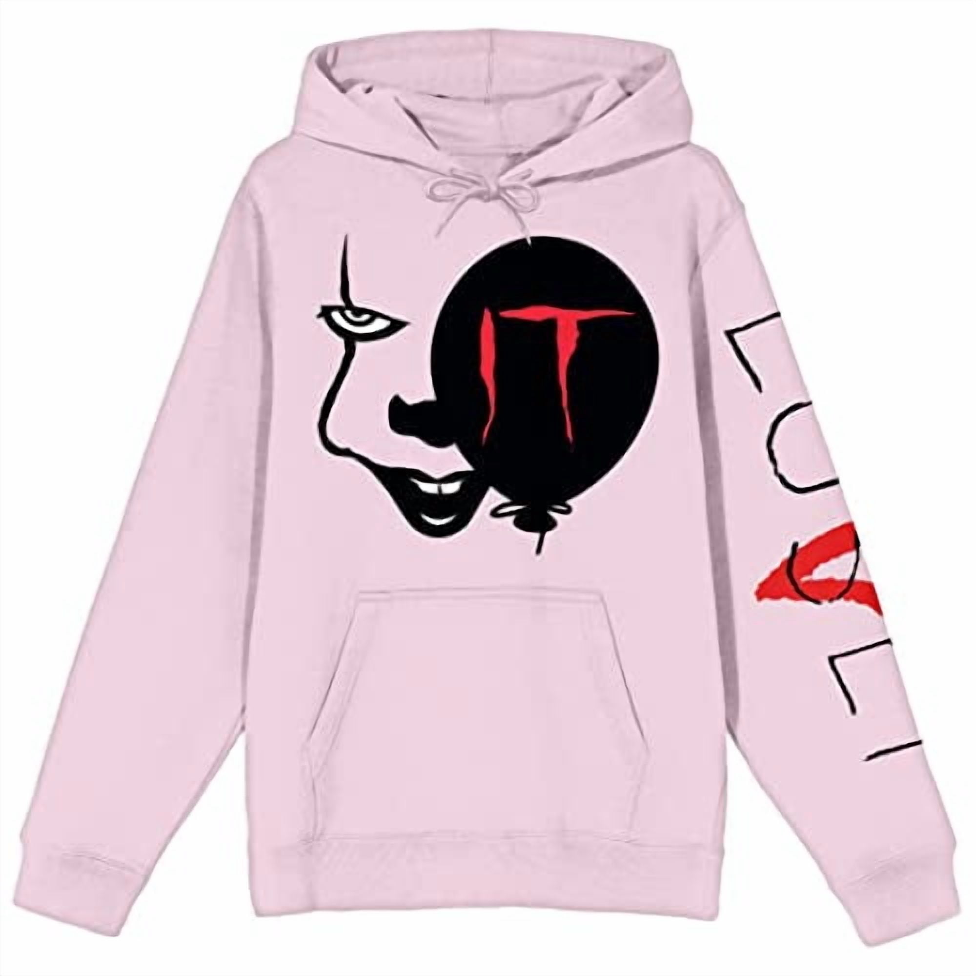 It Chapter 2 Pennywise Face & Balloon With Loser Sleeve Long Sleeve Cradle Pink Men's Hooded Sweatshirt-Medium