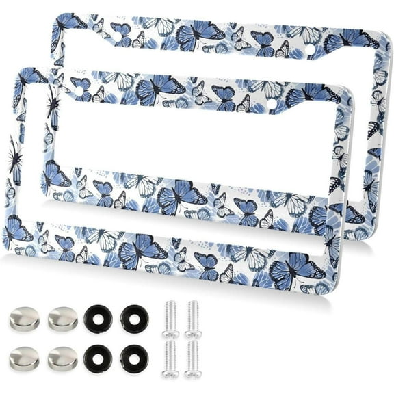 Blue Butterfly License Plate Frame, Decorative Aluminum Car Tag Frames, 2 Pack Universal Car License Plate Covers with 2 Holes and Screws