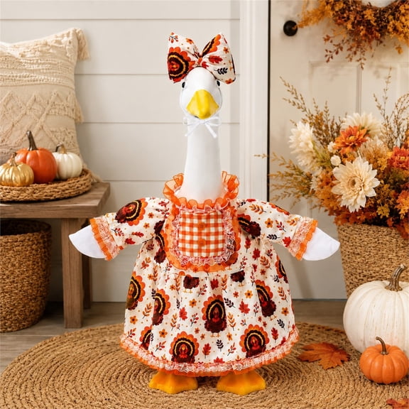 Aurorax Thanksgiving Goose Clothes for Cement Goose Porch Goose 23"/17",Porch Goose Outfit 19 inch,Orange Autumn Lace Skirt and Bow Porch Goose Clothing Accessories for Garden Harvest Decor