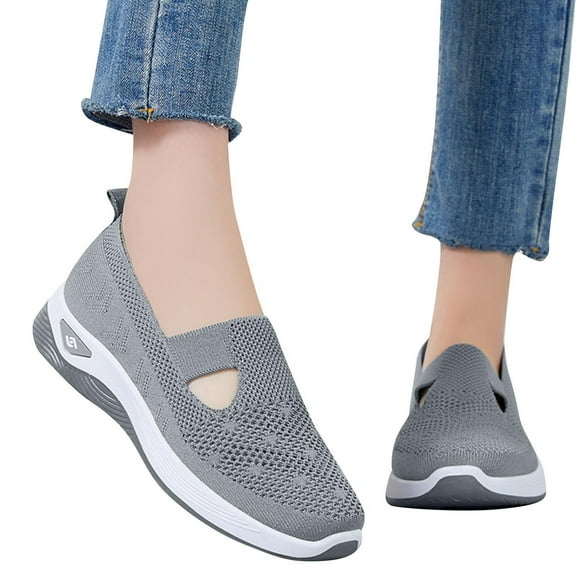 Women’s Shoes Knit Dress Shoes Round Toe Slip On Walking Flats Shoes for Woman Low Wedge Comfort Soft Shoes Gray 8.5