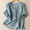 thumbnail image 2 of DeHolifer Linen Shirts for Women Summer Retro Embroidered 3/4 Sleeve Boho Peasant Tops Dressy Casual Blouses Blue 2XL, 2 of 4