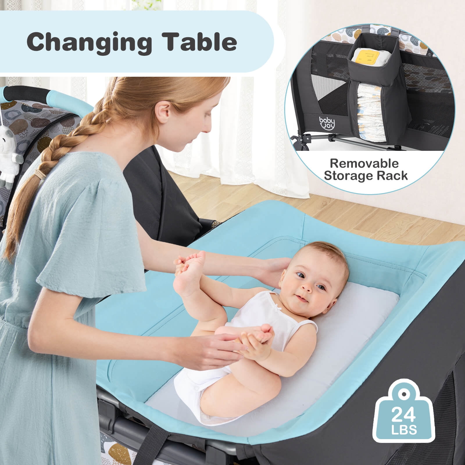 Costway 5 in 1 Bedside Bassinet with Diaper Changer Lockable Wheels & Travel Bag Blue