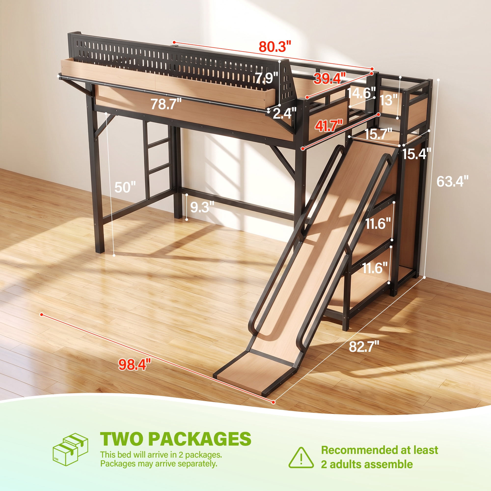 Aukfa Twin XL Loft Bed with Slide, Shelves, Wardrobe, USB Ports & LED Lights, Heavy-Duty Metal Bed Frame for Kids Teens Adults, Natural