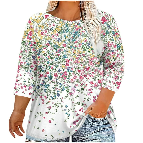 QQAMB T-Shirts for Women Plus Size 3/4 Sleeve Floral Printed Crewneck Summer Trendy Loose Blouse T-Shirts White 5XL
