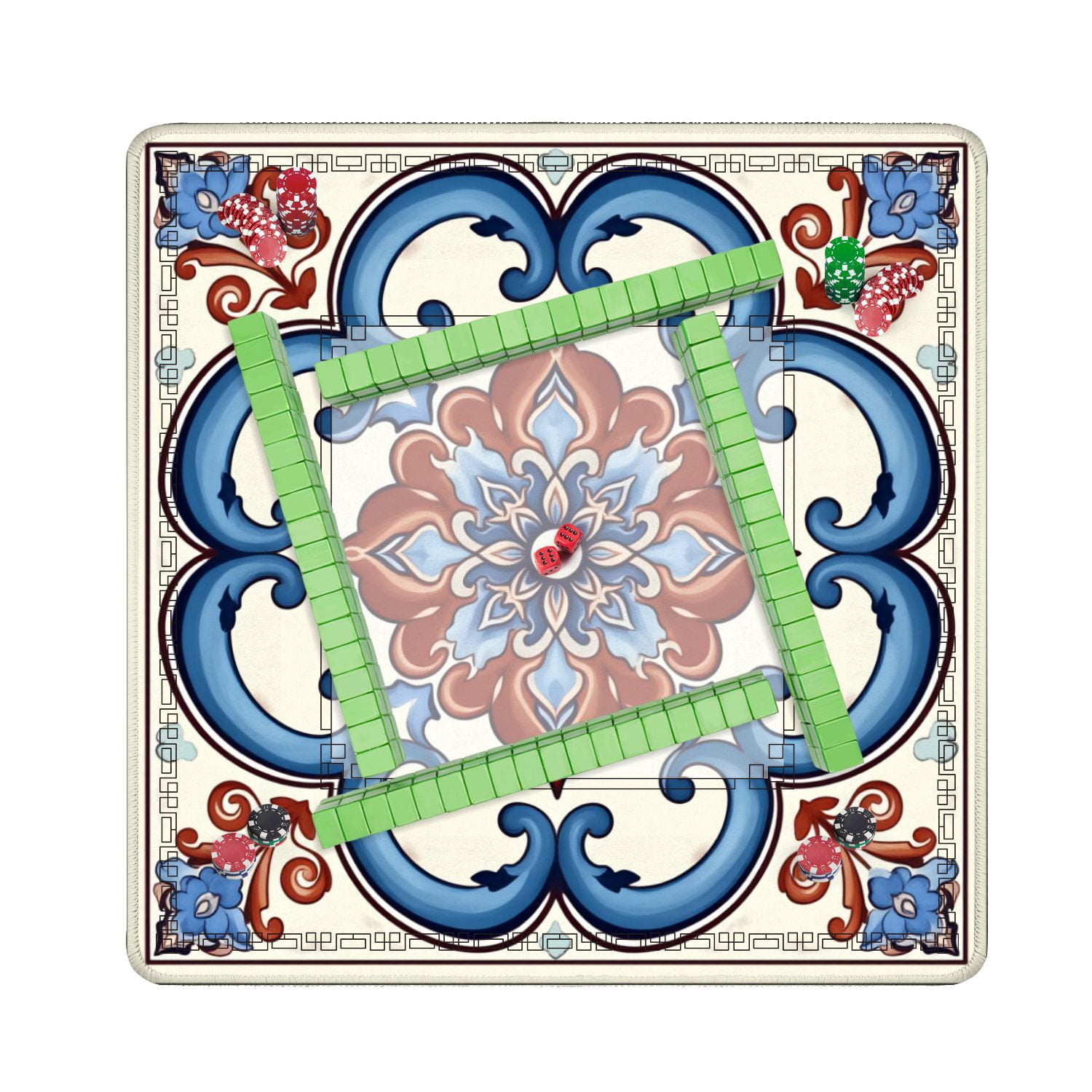 Mahjong Mat 31.5" x 31.5" Ornamental Geometric Tile Blue Terracotta Floral Motifs Non-Slip Noise Reduction American Mahjong Tiles Table Cover for Dominoes Poker Card Board Games Gift
