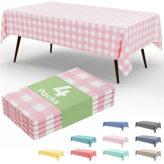 decorUhome 4Pcs Disposable Tablecloth for Rectangular Table, 54x108 Inch Pink and White Checkered Table cover for Party, Birthday, Picnic