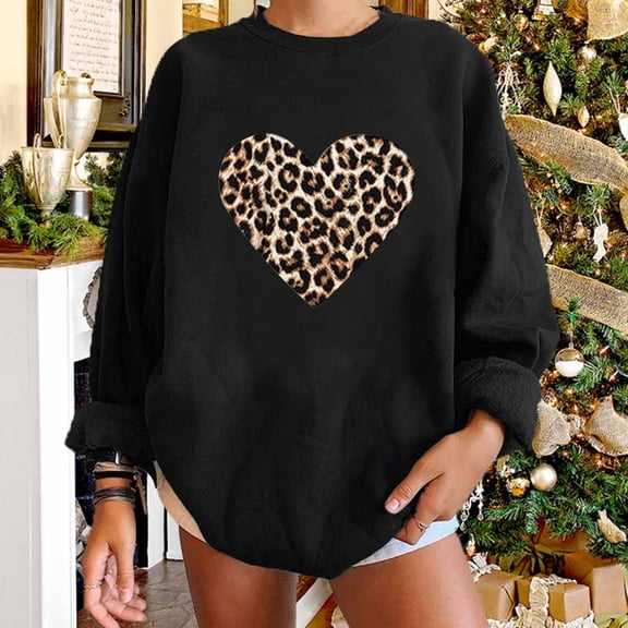 EQWLJWE Women Plus Fleece Long-Sleeved Sweater Casual Fashion Leopard Print Love Hoodies Tops