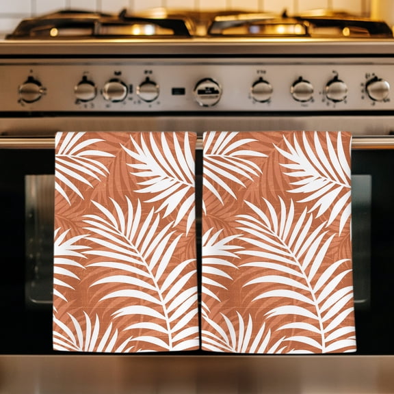 Palm Leaves Burnt Orange Kitchen Towels Set of 2, Summer Botanical Coastal Tropical Absorbent Dish Towels for Kitchen, Microfiber Hand Towel, Quick Drying Tea Towel for Cleaning Decorative Dishcloths
