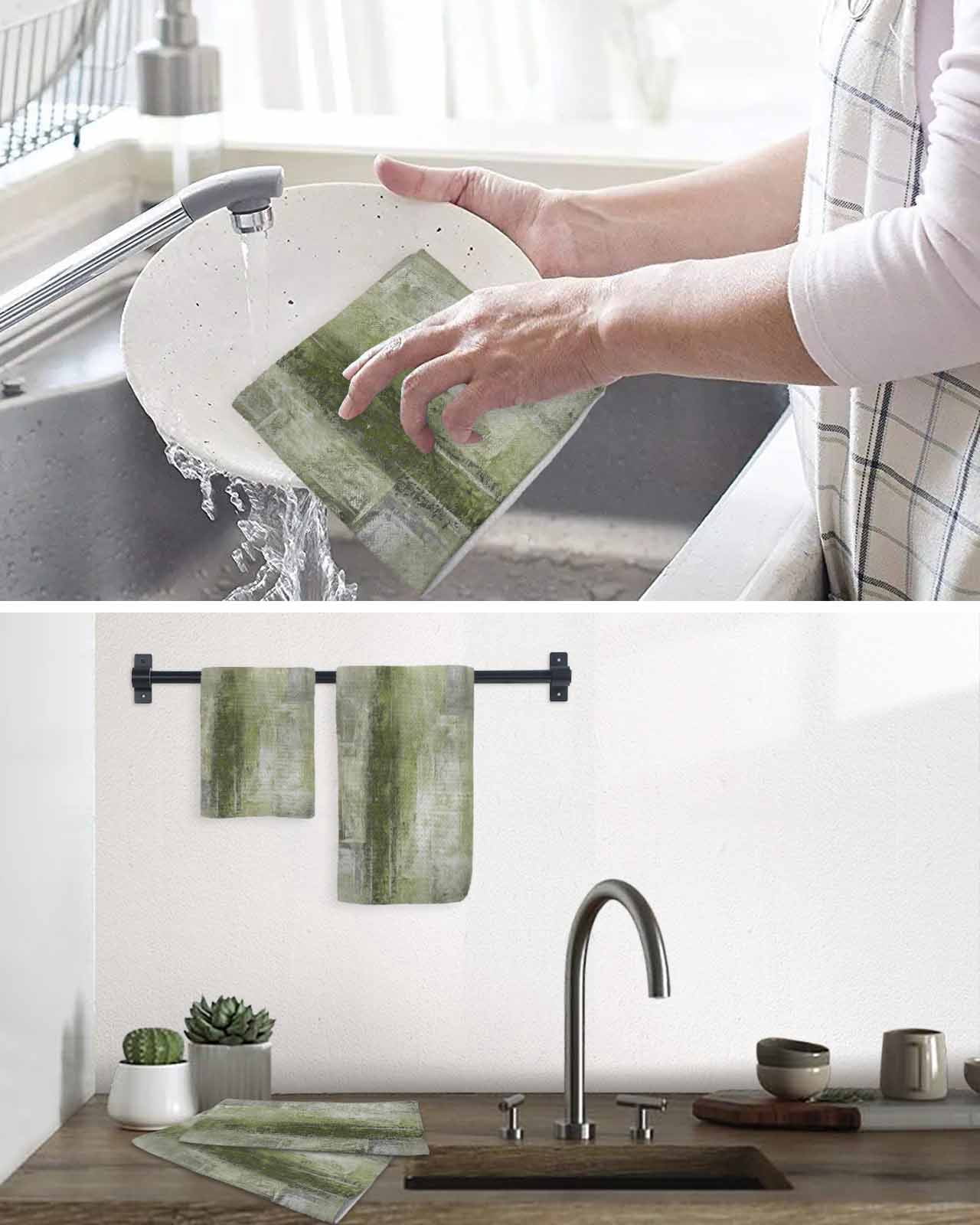 Sage Green Dish Towels Set,Waffle Weave Kitchen Towels 4Pcs, Retro Oil Painting Modern Abstract Art Aesthetics Microfiber Hair Face Bath Tea Towel Absorbent Quick Drying Cleaning Dish Cloths 12"x12"
