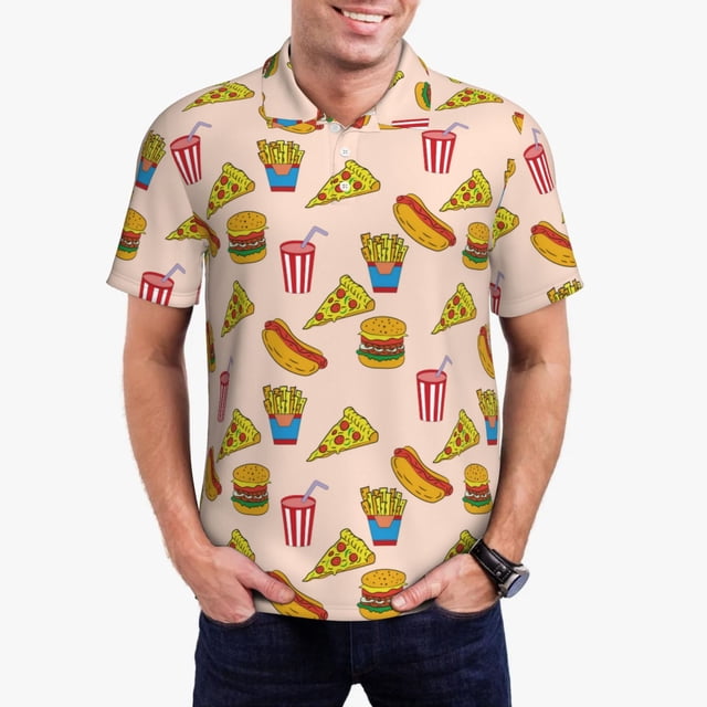 Balery Hamburger Pizza Camisa Polo de Hombre con Estampado, de Manga Corta y Tejido Medio, Camisa Tipo Golf Polo-Small