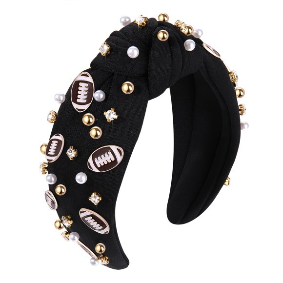 Diadema anudada con cuentas de perlas, tocado con nudo superior torcido, accesorios deportivos para el cabello para mujeres, fanáticos del fútbol (negro