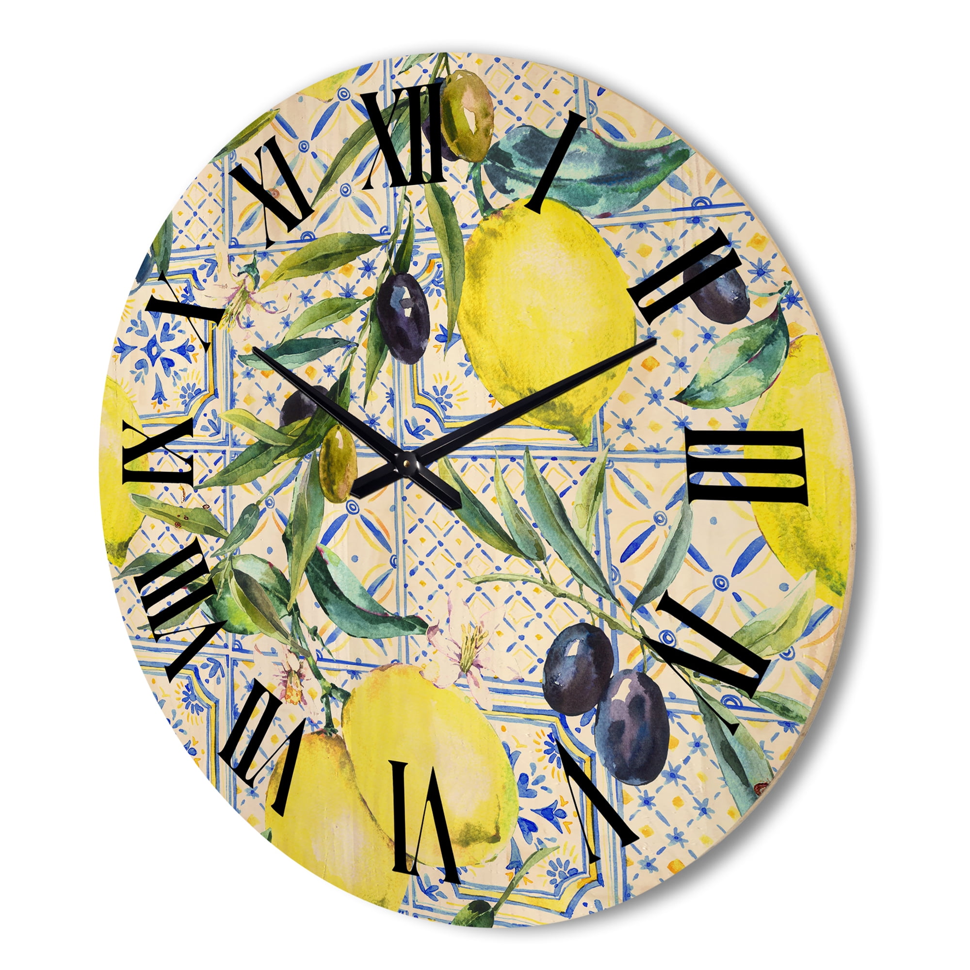 Designart 'Geometrical Pattern of Lemon Ornament On Blue III' Tropical Wood Wall Clock