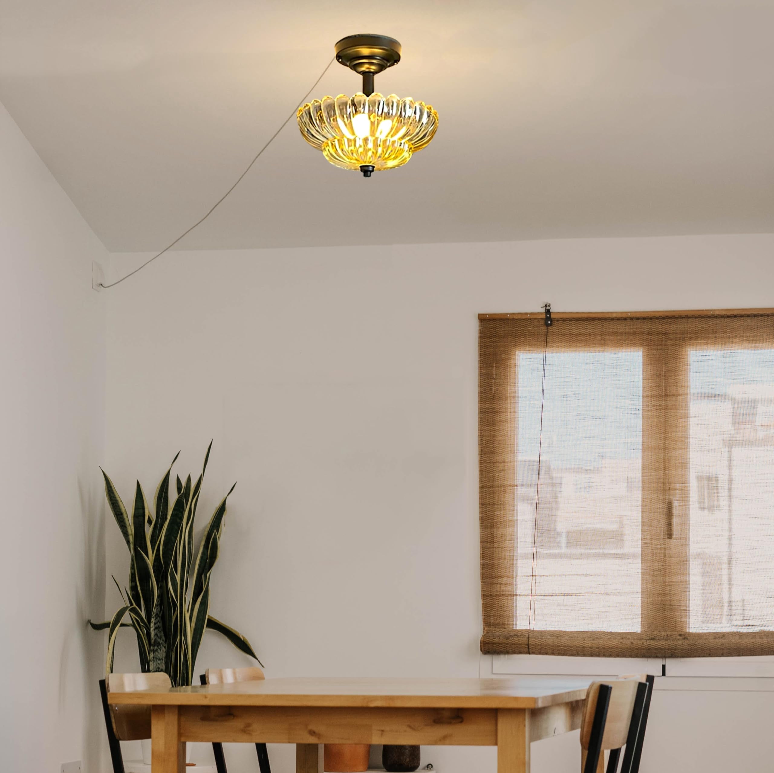 Kiven 11.8in Flush Mount Ceiling Light Fixture Dimmable, 3-Light Anti Glare Close to Ceiling Light with 15FT Plug-in Cord, Modern Glass Chandelier for Bedroom Kitchen Island Hallway