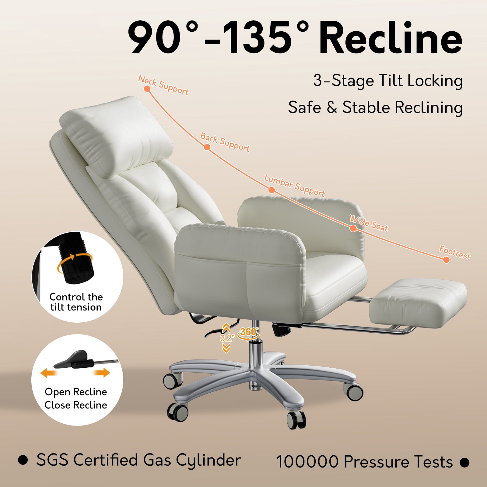 Genpo Criss Cross Desk Chair, Cross Legged Office Chair with Wheels, White Leather Big and Tall Reclining Office Chair 500lbs with Foot Rest, Reversible Armrests & Wide Seat