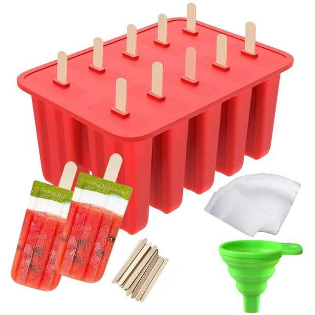 Moldes para paletas, 10 cavidades Moldes para paletas caseras de silicona con 50 palitos de paleta, 50 bolsas para paletas, embudo de silicona (10 cavidades) Ormromra LRWJ870