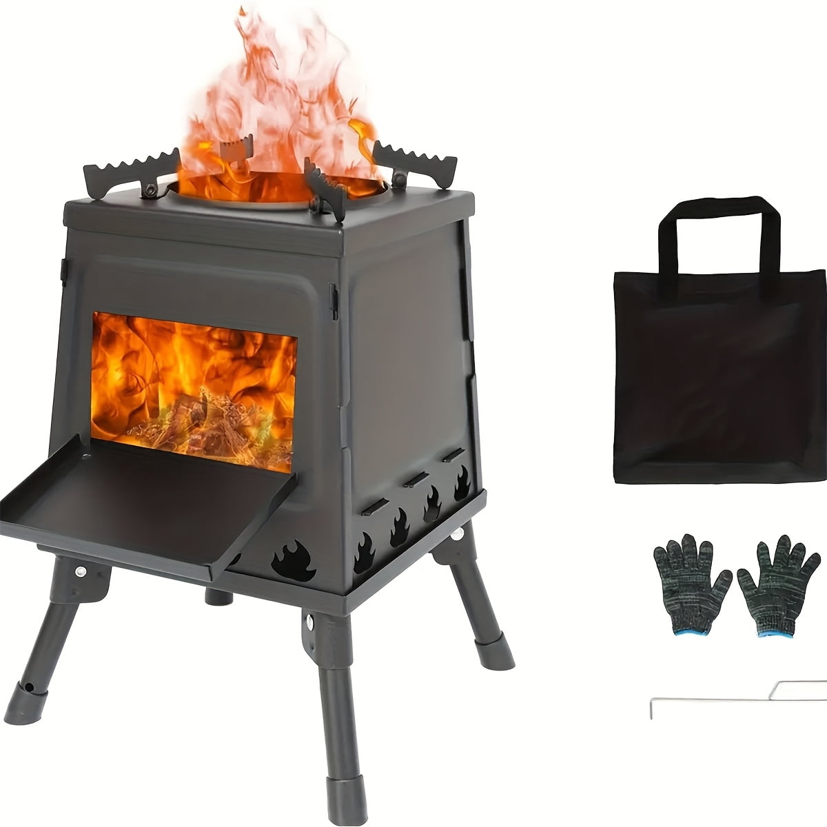Portable Cast Iron Wood Burning Camp Stove - Heavy-Duty Outdoor Cookstove & Heater, Chimney/Air Vents/Sturdy Legs, Firewood/Charcoal Compatible, No Electricity, for Camping/Hiking/Picnic/BBQ